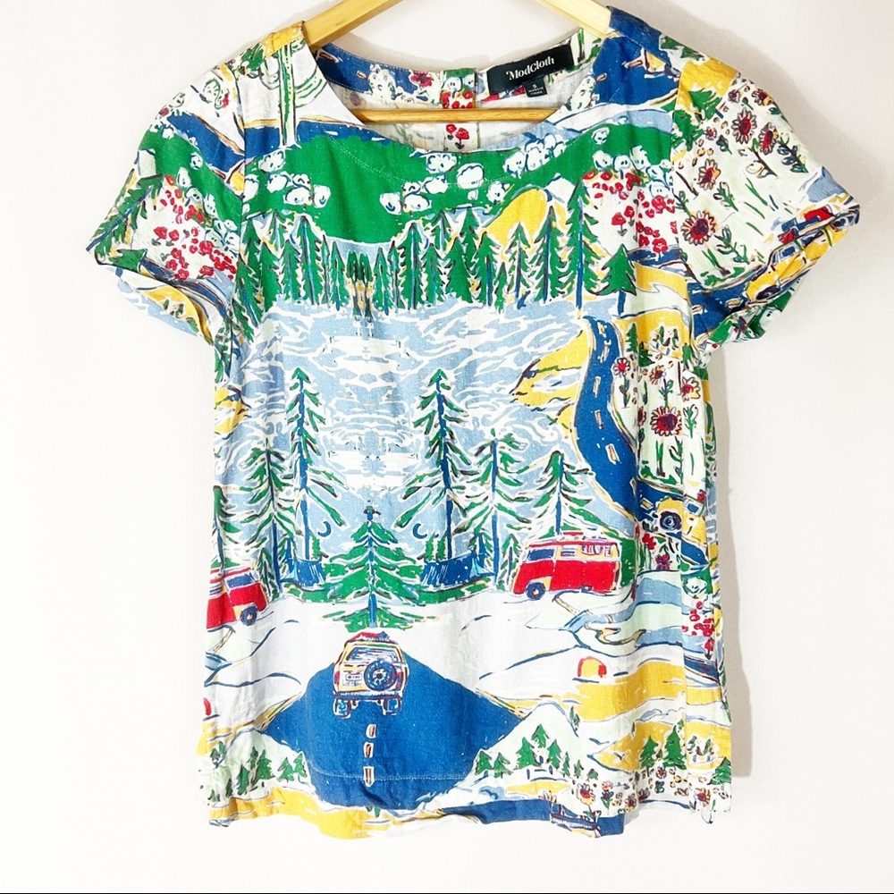 ModCloth Travel Road Trip Colorful Novelty Print Linen Blend Blouse Top